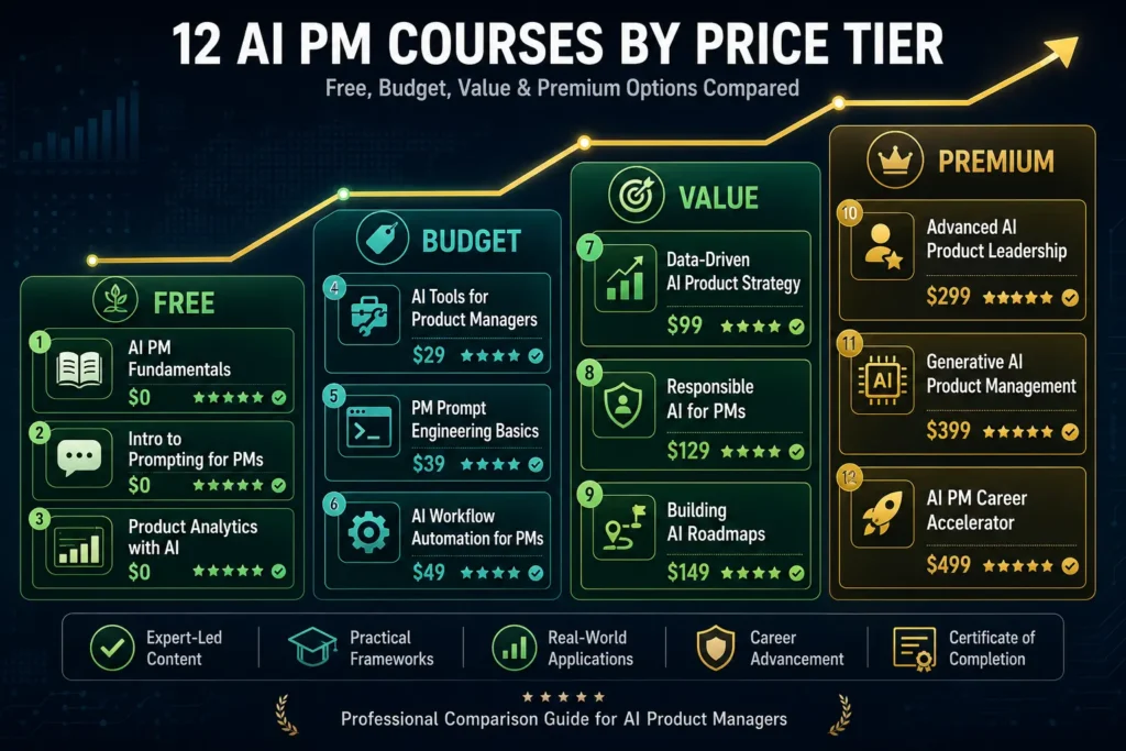 12 AI PM courses by price tier