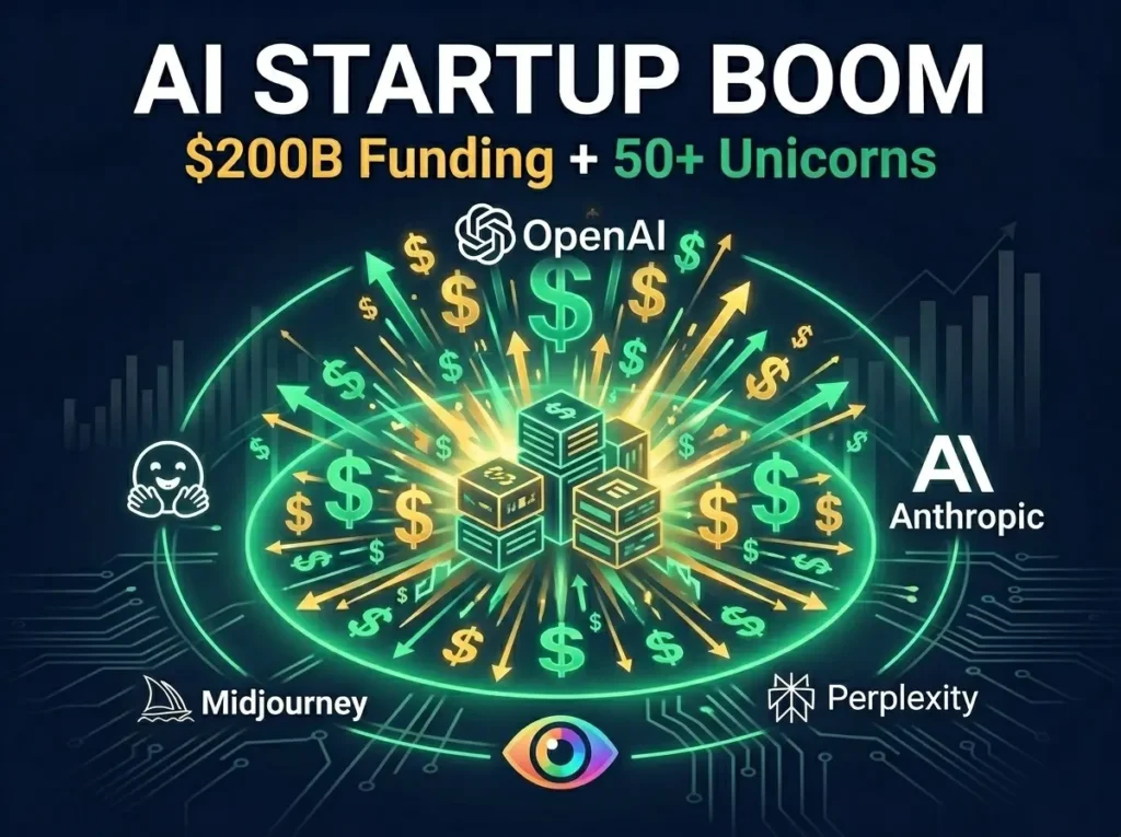 AI startup ecosystem boom visualization showing explosive growth in funding and company valuations 