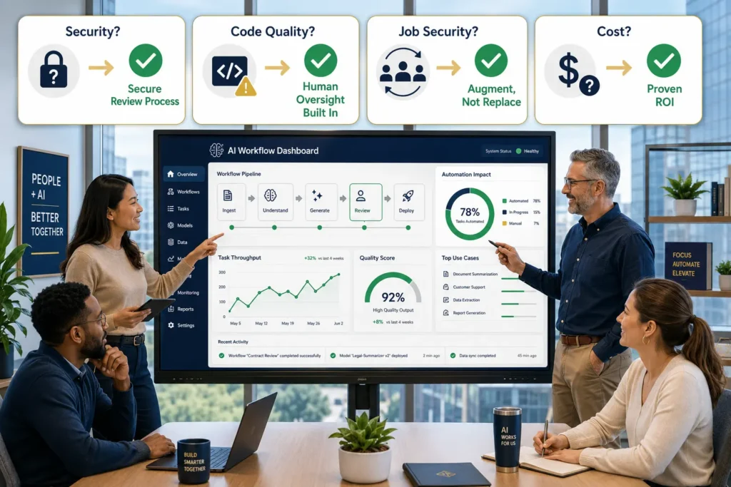 Diverse product team addressing AI implementation concerns: security, code quality, job roles, and cost, all resolved with checkmarks showing positive outcomes
