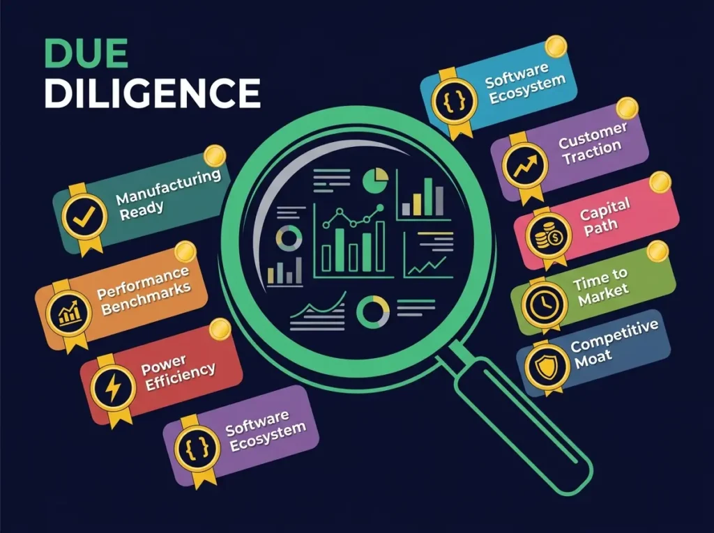 AI hardware startup evaluation framework showing eight key metrics for investment assessment