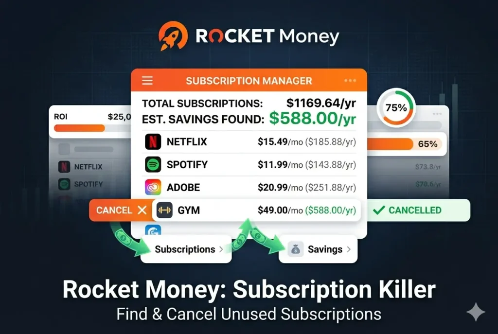 Rocket Money app dashboard - subscription tracking and cancellation to find and eliminate unused recurring charges