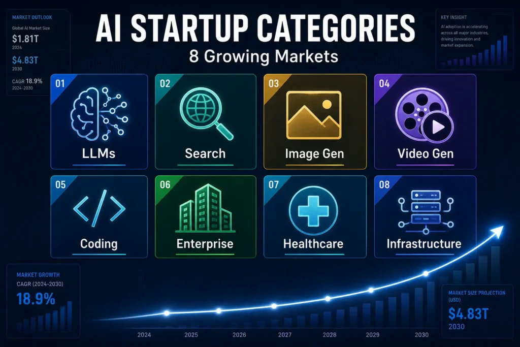 Eight major generative AI startup categories showing different market segments and growth opportunities