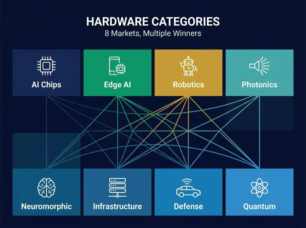 Eight major AI hardware startup categories including chips, robotics, edge AI, and photonics