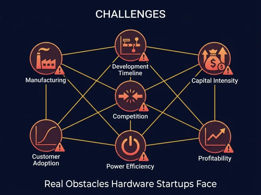 Major challenges and obstacles facing AI hardware startups including manufacturing, timeline, and capital requirements