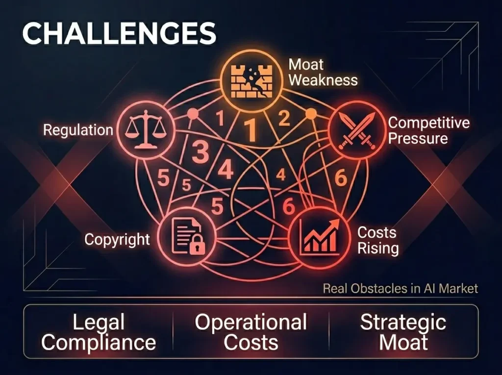 Major challenges and risks facing generative AI startups including regulation, competition, and profitability concerns