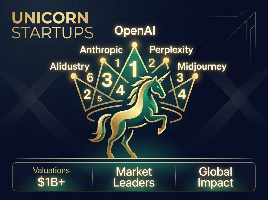 Tier 1 unicorn generative AI startups visualization showing billion-dollar valuations and market leaders