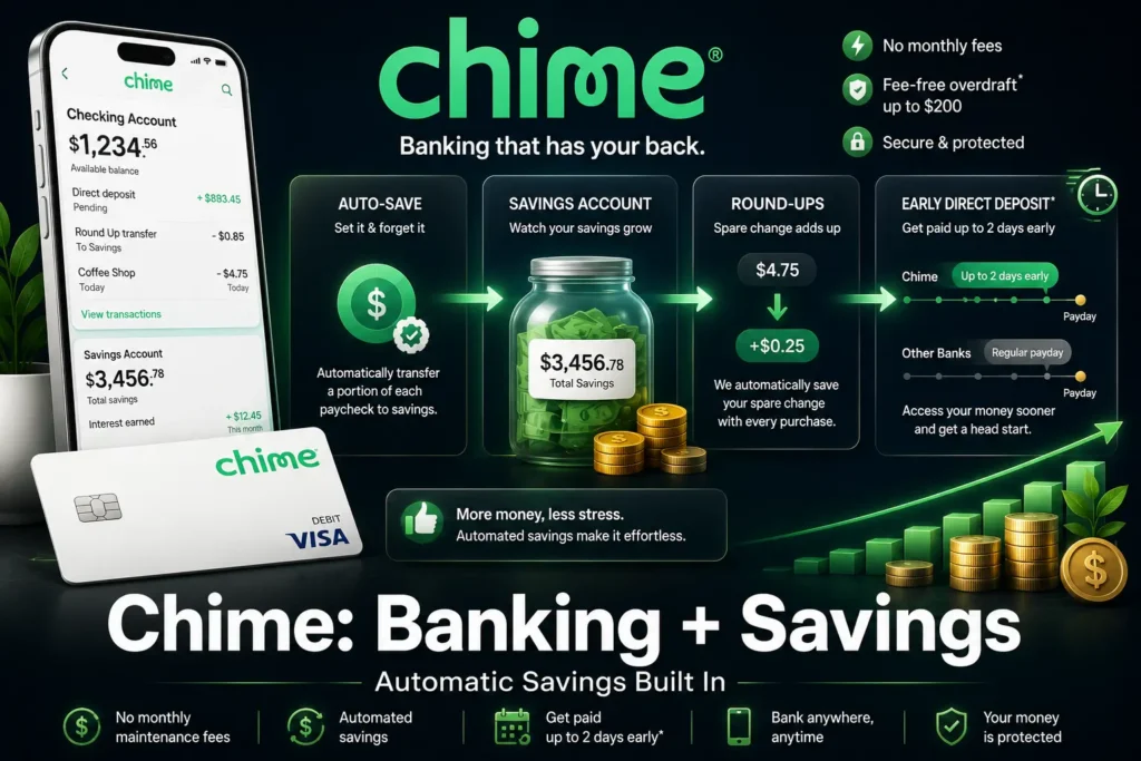 Chime mobile banking app - automated savings and early direct deposit for passive
wealth building and account management