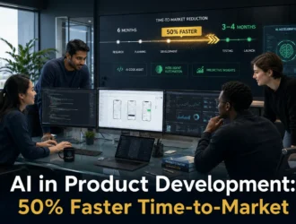 AI in Product Development: Modern product development team using AI tools to accelerate product design, development, and testing, reducing time-to-market from 6 months to 3-4 months with 50 percent faster delivery