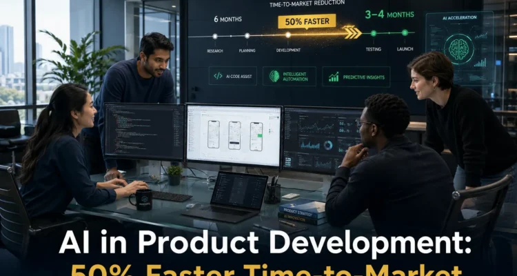 AI in Product Development: Modern product development team using AI tools to accelerate product design, development, and testing, reducing time-to-market from 6 months to 3-4 months with 50 percent faster delivery