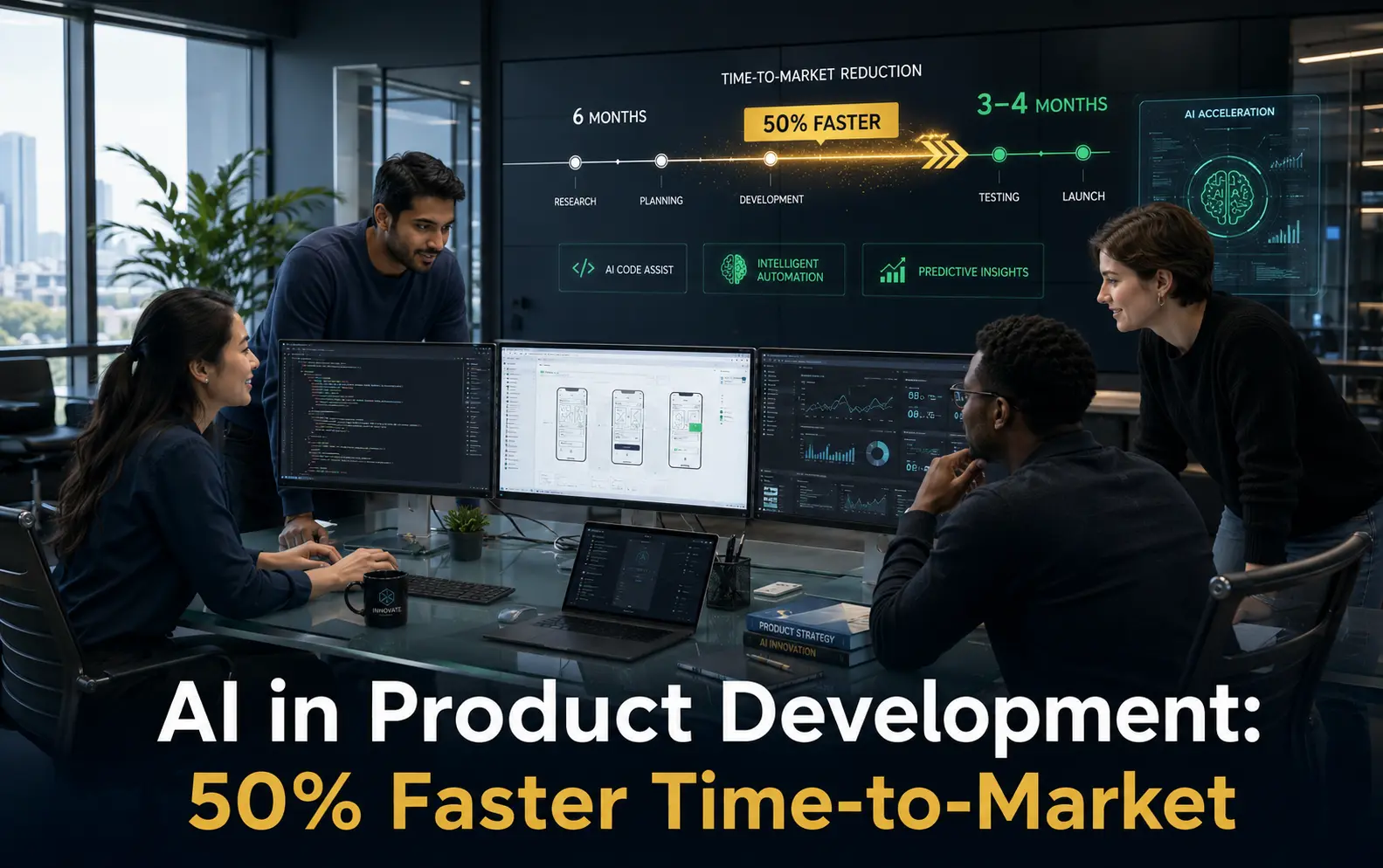 AI in Product Development: Modern product development team using AI tools to accelerate product design, development, and testing, reducing time-to-market from 6 months to 3-4 months with 50 percent faster delivery