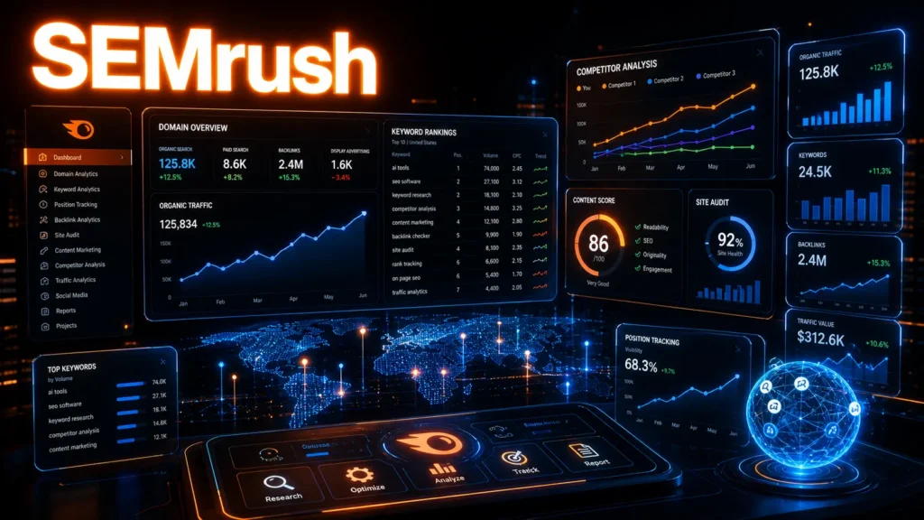 SEMrush all-in-one AI SEO platform dashboard