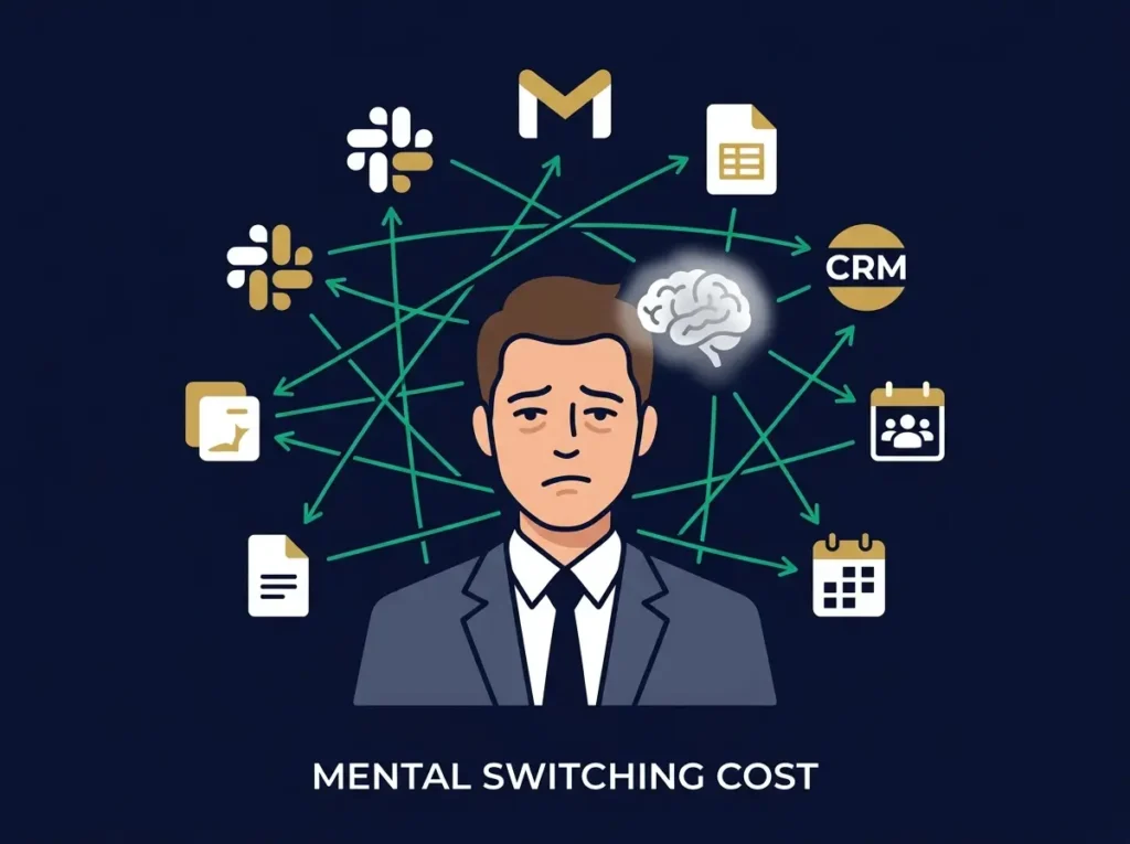 Professional overwhelmed by constant tool switching between Slack, email, CRM, spreadsheets showing mental switching cost and productivity drain