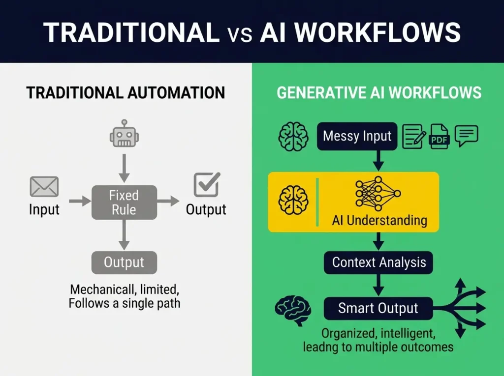 Comparison: Traditional automation with fixed rules versus generative AI workflows handling complex messy information