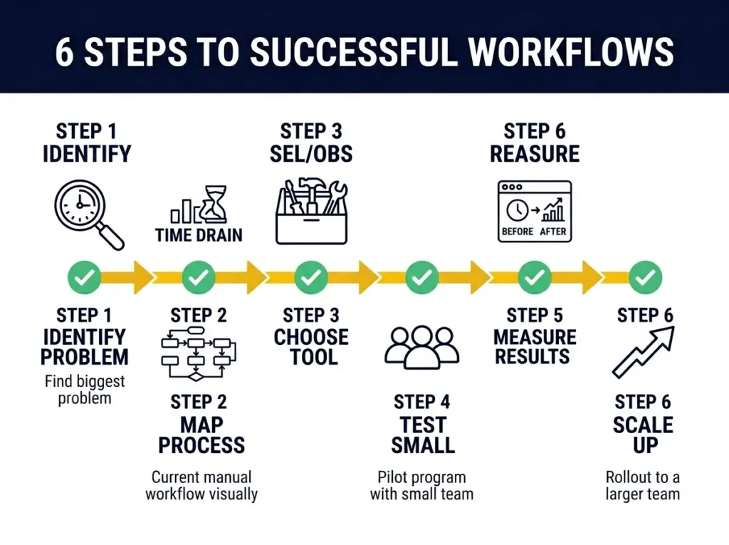 Six-step workflow implementation roadmap: identify problem, map process, choose tool, test with small group, measure results, scale up