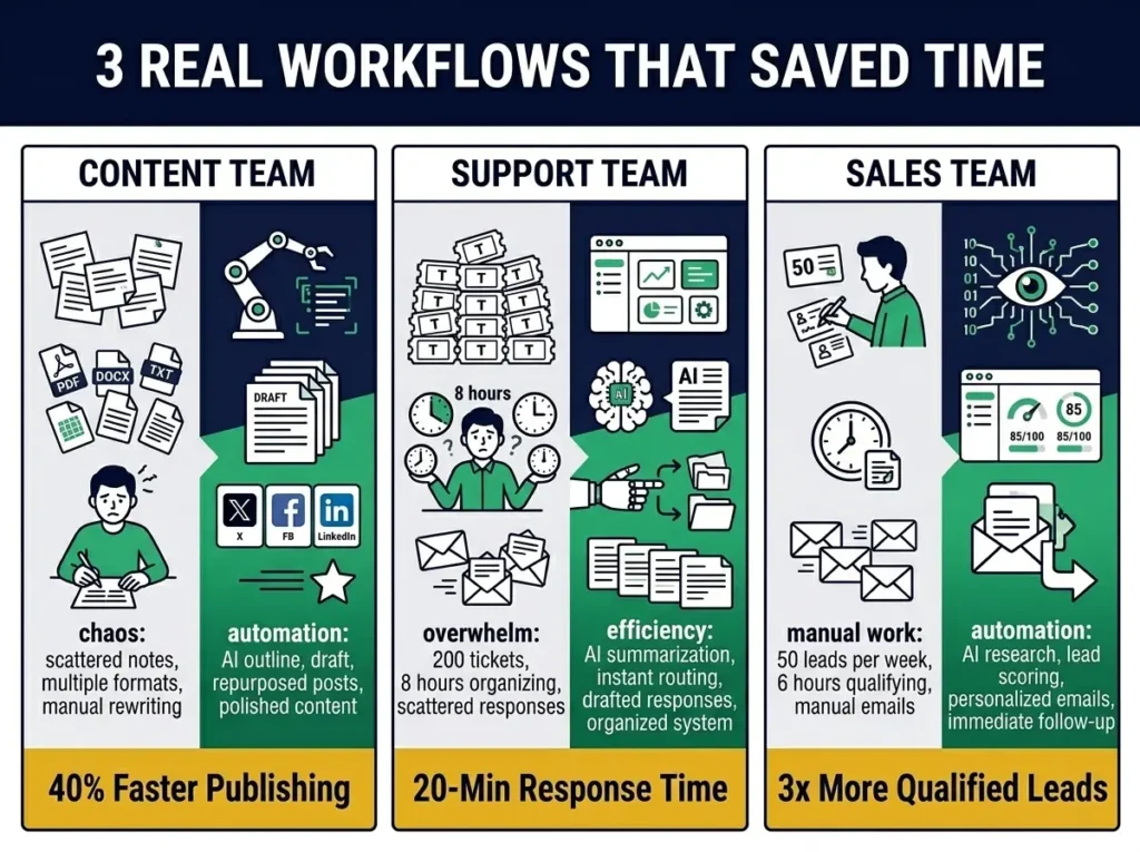 Three real AI workflow examples: Content team 40% faster, Support team 20-minute response time, Sales team 3x more qualified leads
