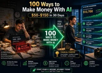 Split-screen transformation showing frustrated freelancer earning $300-500 monthly transitioning to confident professional earning $7,000+ monthly through 100+ AI monetization methods including ChatGPT, Midjourney, HeyGen, and AI consulting with real-time earnings dashboard displayed in emerald and gold.100 ways to make money with ai article featured image