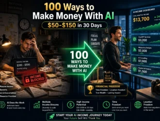 Split-screen transformation showing frustrated freelancer earning $300-500 monthly transitioning to confident professional earning $7,000+ monthly through 100+ AI monetization methods including ChatGPT, Midjourney, HeyGen, and AI consulting with real-time earnings dashboard displayed in emerald and gold.100 ways to make money with ai article featured image