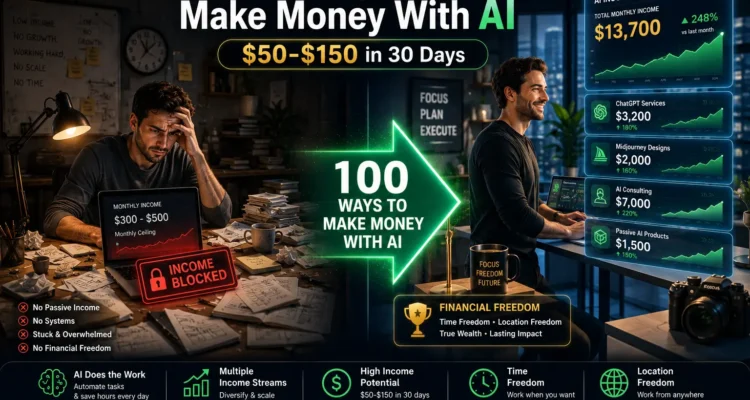 Split-screen transformation showing frustrated freelancer earning $300-500 monthly transitioning to confident professional earning $7,000+ monthly through 100+ AI monetization methods including ChatGPT, Midjourney, HeyGen, and AI consulting with real-time earnings dashboard displayed in emerald and gold.100 ways to make money with ai article featured image