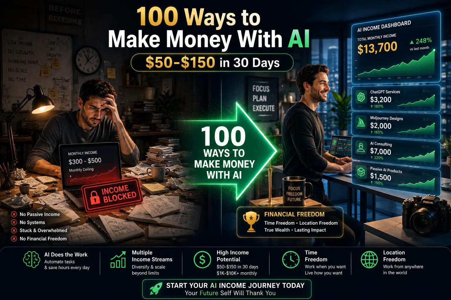 Split-screen transformation showing frustrated freelancer earning $300-500 monthly transitioning to confident professional earning $7,000+ monthly through 100+ AI monetization methods including ChatGPT, Midjourney, HeyGen, and AI consulting with real-time earnings dashboard displayed in emerald and gold.100 ways to make money with ai article featured image