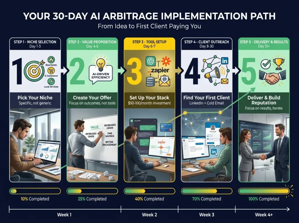 5-step AI arbitrage implementation process: Step 1 pick your niche (day 1-3), Step 2 create your value proposition (day 4-5), Step 3 set up your tools ($50-100 monthly), Step 4 find your first client through LinkedIn and cold email (day 8-30), Step 5 deliver results and build reputation (day 31+).