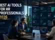 Diverse HR professionals reviewing AI tools dashboard showing recruiting, onboarding, engagement, and analytics metrics in modern office - Best AI Tools for HR Professionals 2026
