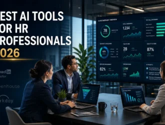 Diverse HR professionals reviewing AI tools dashboard showing recruiting, onboarding, engagement, and analytics metrics in modern office - Best AI Tools for HR Professionals 2026