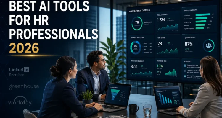 Diverse HR professionals reviewing AI tools dashboard showing recruiting, onboarding, engagement, and analytics metrics in modern office - Best AI Tools for HR Professionals 2026