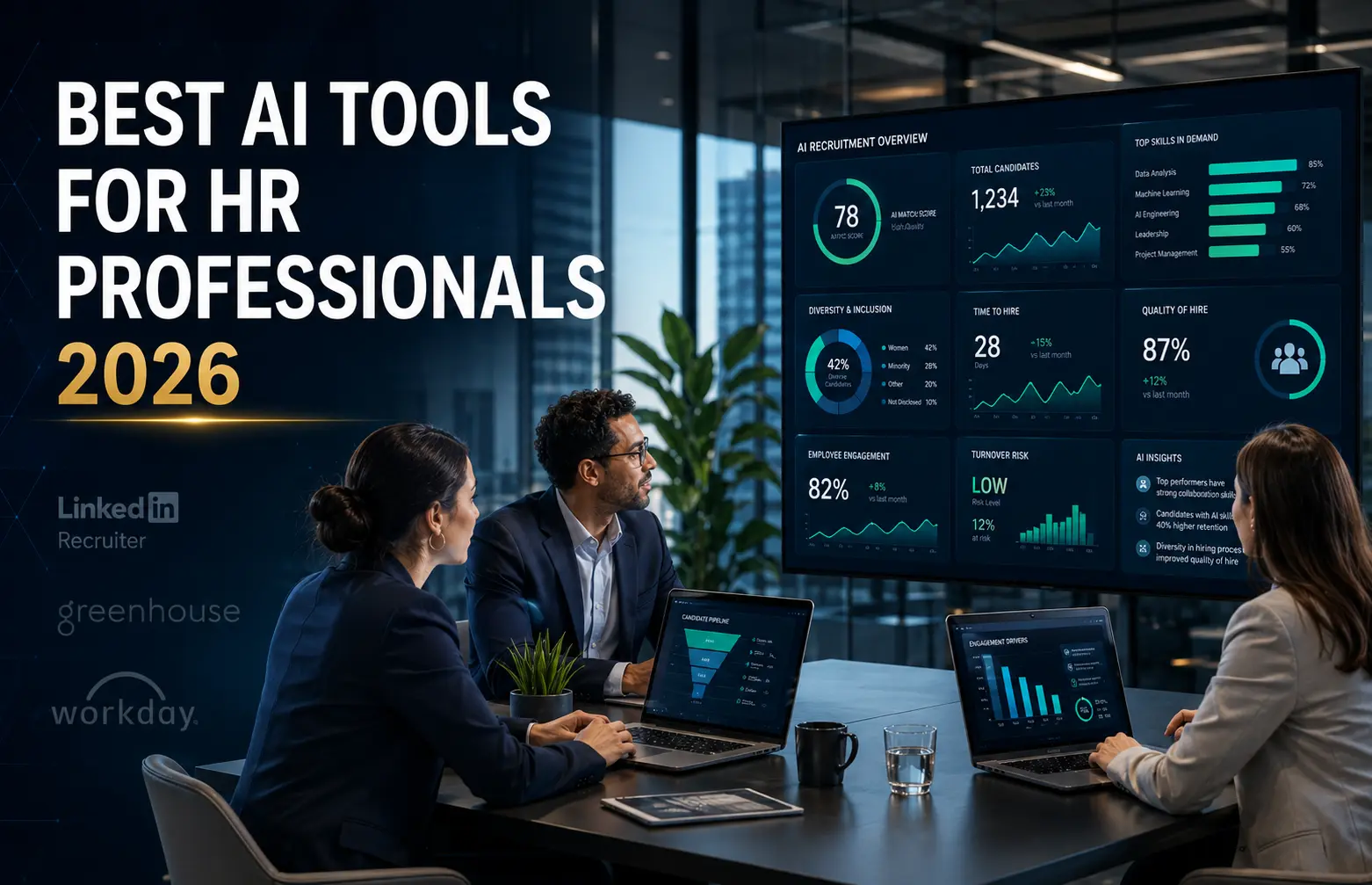 Diverse HR professionals reviewing AI tools dashboard showing recruiting, onboarding, engagement, and analytics metrics in modern office - Best AI Tools for HR Professionals 2026