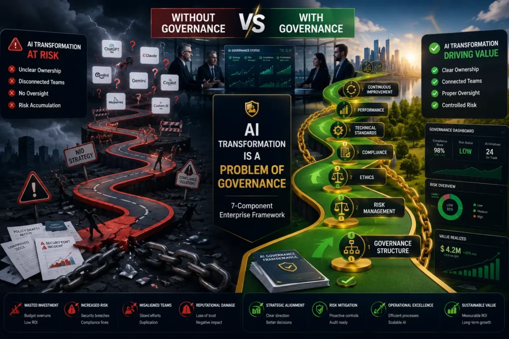 Visual comparison of AI governance problems showing chaos without governance
versus organized structure with proper AI governance frameworks including
ownership clarity risk management and compliance control