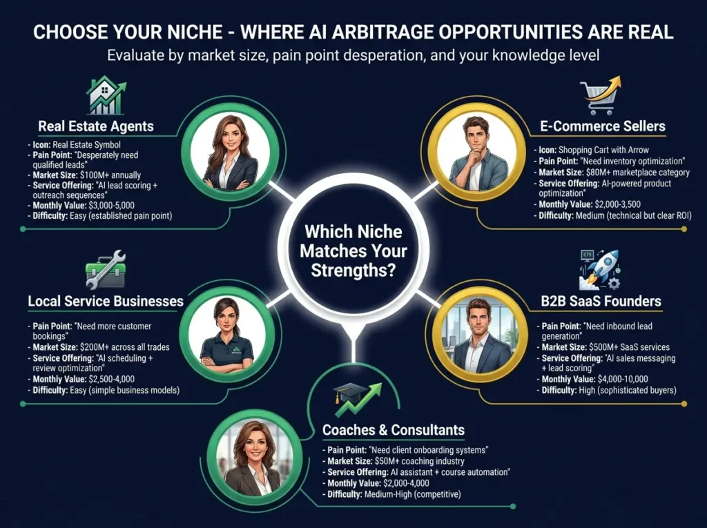 Decision tree diagram showing 5 AI arbitrage niche options: real estate agents ($3K-5K monthly), e-commerce sellers ($2K-3.5K), local service businesses ($2.5K-4K), B2B SaaS founders ($4K-10K), and coaches/consultants ($2K-4K), each with pain point, market size, and difficulty level indicators.