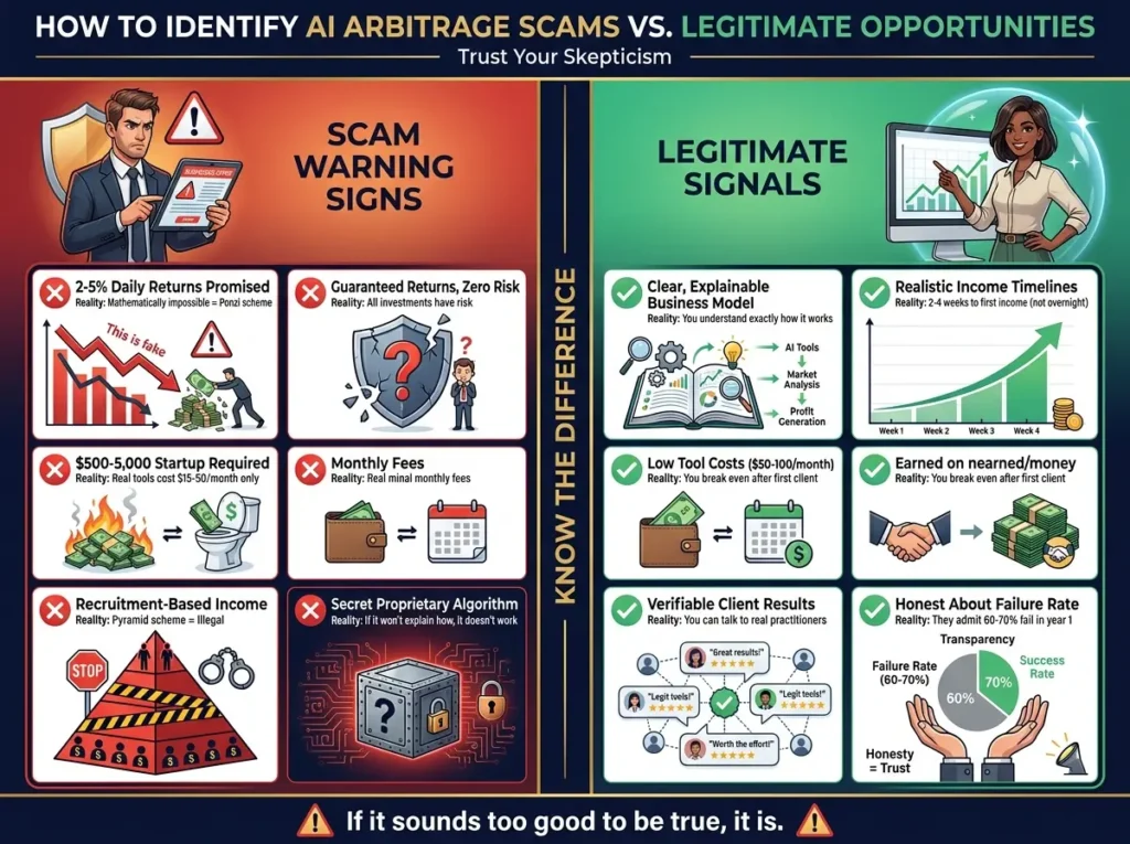 Scam warning infographic showing 5 red flags (2-5% daily returns, guaranteed zero-risk returns, expensive startup, recruitment focus, secret algorithm) on left in red versus 5 legitimate signals (clear explainable model, realistic 2-4 week timeline, low $50-100 costs, verifiable client results, honest failure rates) on right in emerald green.
