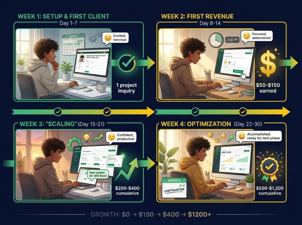 4-week AI income implementation timeline: Week 1 setup and first client inquiry, Week 2 completing first project earning $50-$150, Week 3 scaling with rate increases earning $200-$400 cumulative, Week 4 optimization earning $500-$1,200 total with multiple active projects and professional home office setup.