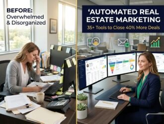 Professional real estate marketing automation dashboard showing CRM, email automation, and lead management tools with before-and-after comparison of overwhelmed vs organized real estate agent workflow - automated real estate marketing strategy for closing more deals in 2026, automated real estate marketing