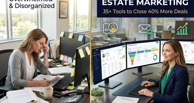 Professional real estate marketing automation dashboard showing CRM, email automation, and lead management tools with before-and-after comparison of overwhelmed vs organized real estate agent workflow - automated real estate marketing strategy for closing more deals in 2026, automated real estate marketing