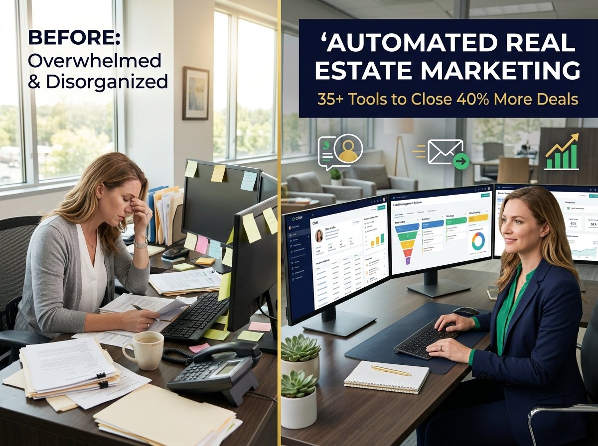 Professional real estate marketing automation dashboard showing CRM, email automation, and lead management tools with before-and-after comparison of overwhelmed vs organized real estate agent workflow - automated real estate marketing strategy for closing more deals in 2026, automated real estate marketing