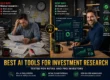 Professional investor at desk comparing manual vs AI-powered investment research. Left side shows overwhelmed with scattered papers and documents. Right side shows organized AI dashboard with data visualizations. Emerald and gold colors indicate transformation to efficient stock analysis using artificial intelligence tools. Best AI Tools for Investment Research