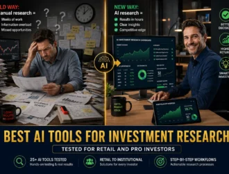 Professional investor at desk comparing manual vs AI-powered investment research. Left side shows overwhelmed with scattered papers and documents. Right side shows organized AI dashboard with data visualizations. Emerald and gold colors indicate transformation to efficient stock analysis using artificial intelligence tools. Best AI Tools for Investment Research