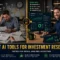 Professional investor at desk comparing manual vs AI-powered investment research. Left side shows overwhelmed with scattered papers and documents. Right side shows organized AI dashboard with data visualizations. Emerald and gold colors indicate transformation to efficient stock analysis using artificial intelligence tools. Best AI Tools for Investment Research