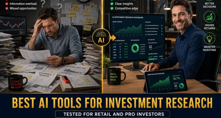 Professional investor at desk comparing manual vs AI-powered investment research. Left side shows overwhelmed with scattered papers and documents. Right side shows organized AI dashboard with data visualizations. Emerald and gold colors indicate transformation to efficient stock analysis using artificial intelligence tools. Best AI Tools for Investment Research