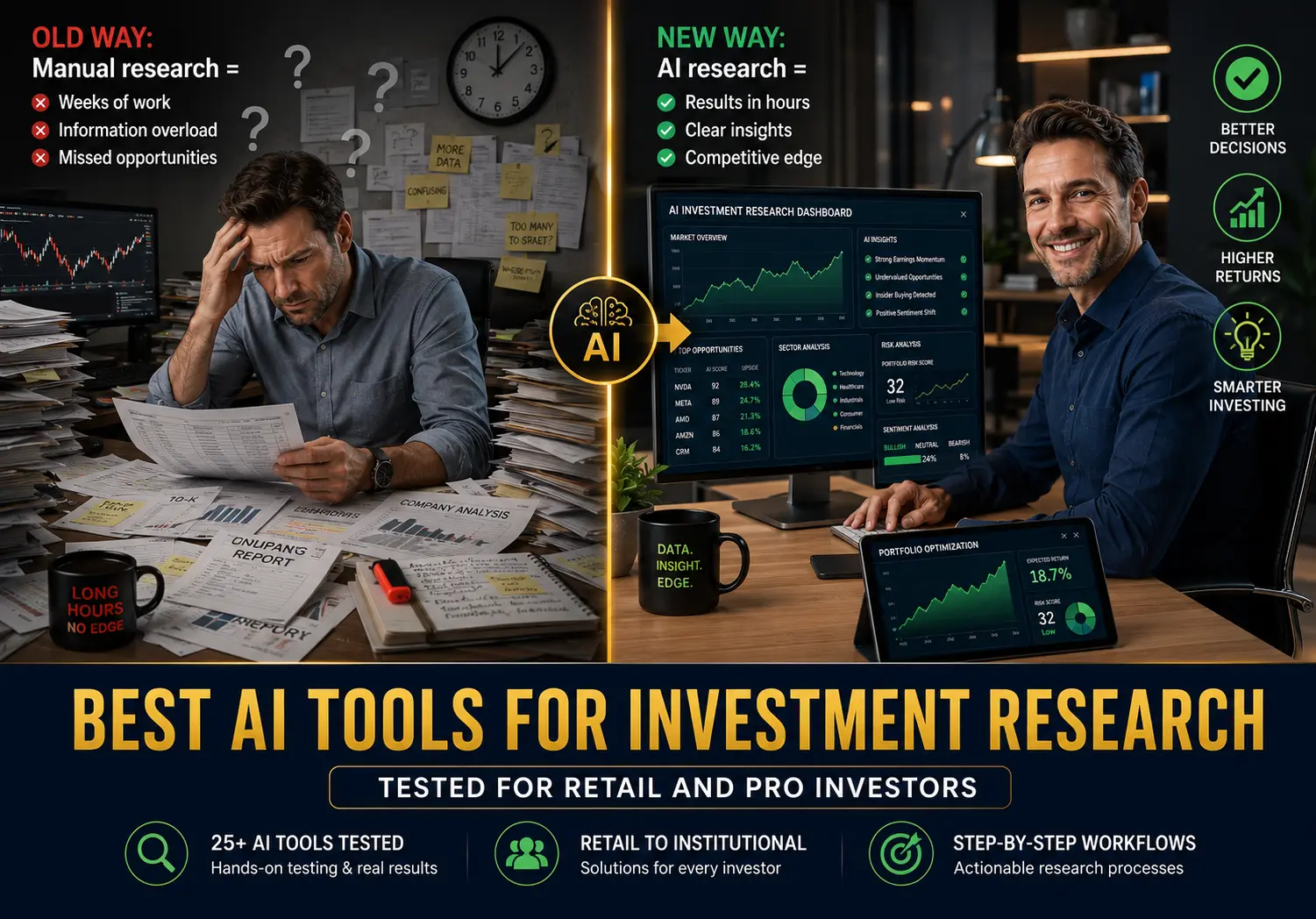 Professional investor at desk comparing manual vs AI-powered investment research. Left side shows overwhelmed with scattered papers and documents. Right side shows organized AI dashboard with data visualizations. Emerald and gold colors indicate transformation to efficient stock analysis using artificial intelligence tools. Best AI Tools for Investment Research