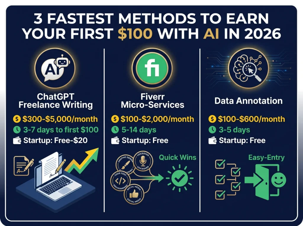 Comparison infographic of 3 fastest AI income methods in 2026: ChatGPT freelance writing $300-$5,000/month in 3-7 days, Fiverr micro-services $100-$2,000/month in 5-14 days, and Data annotation $100-$600/month in 3-5 days, all with zero startup cost or minimal investment.