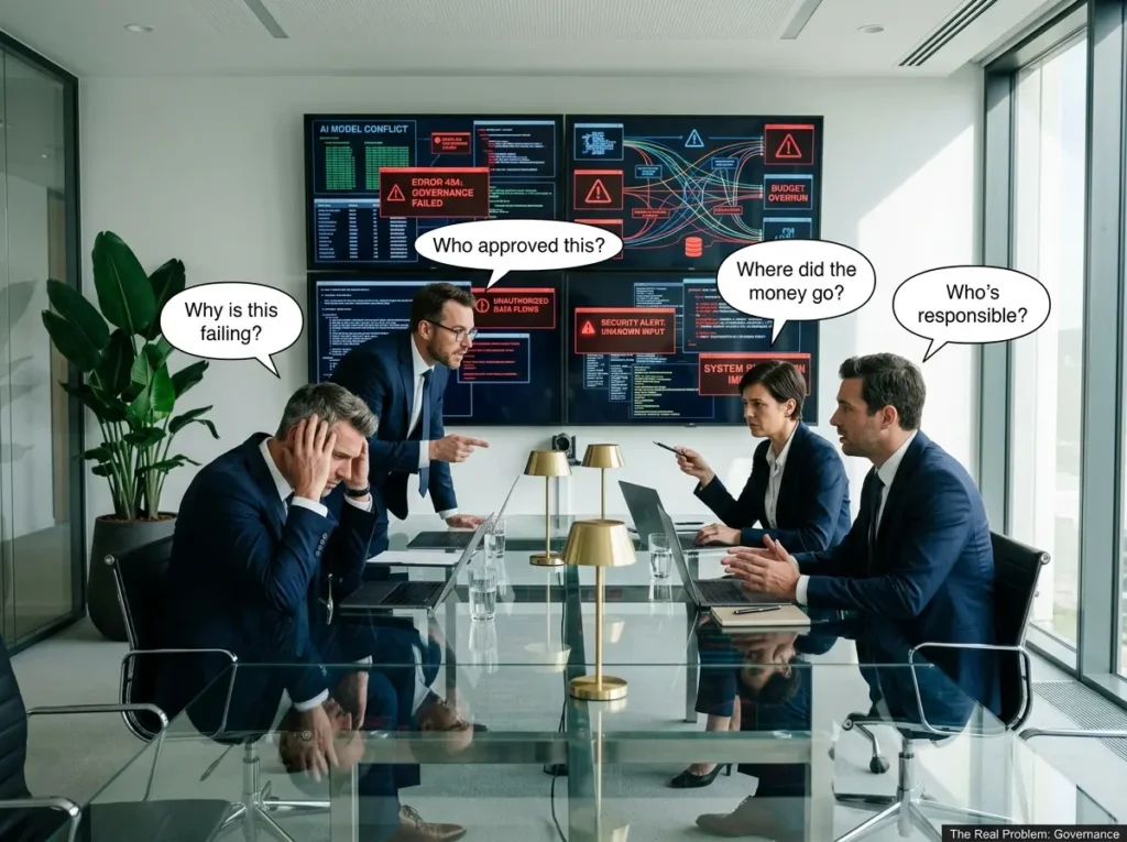 Frustrated enterprise executives in boardroom surrounded by chaotic AI systems
and conflicting technology platforms illustrating why AI transformation is a
governance problem not a technology problem in enterprise organizations