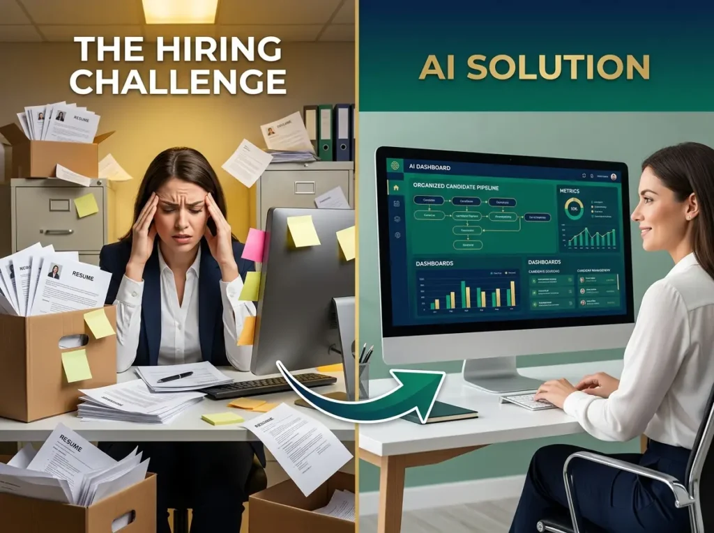 HR professional overwhelmed by manual recruiting tasks on left, organized with AI tools on right - AI solves recruiting challenges