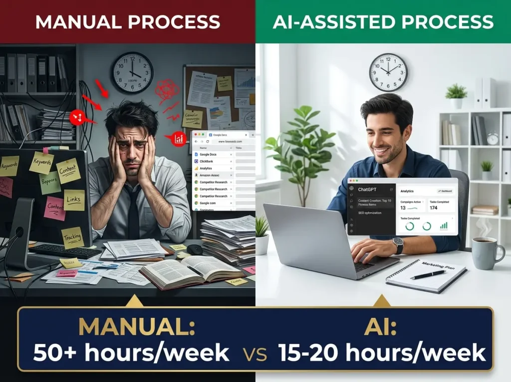 Before and after comparison of affiliate marketer workflow - manual process shows overwhelmed workload, AI-assisted process shows efficient organization and time savings