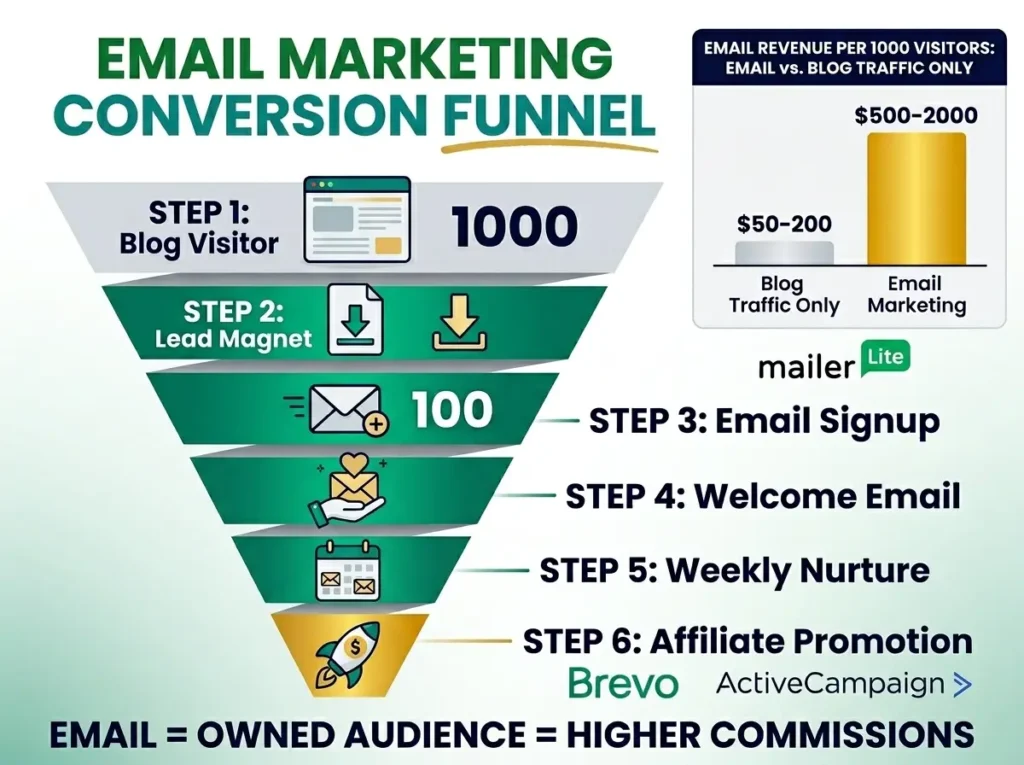 Email marketing funnel for affiliates - converts 1000 blog visitors to 100 email subscribers, showing how email drives 10x higher revenue per visitor compared to blog traffic alone, using Brevo and ActiveCampaign