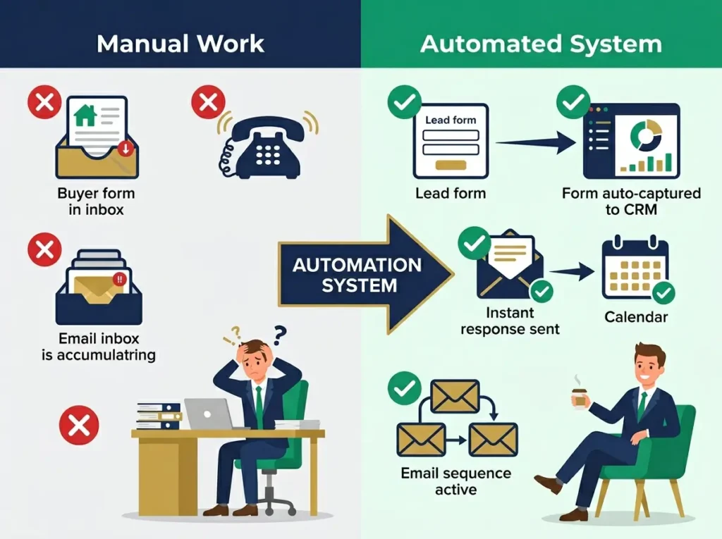 Infographic comparison of manual real estate marketing tasks versus automated marketing system showing time savings and lead management efficiency - what is automated real estate marketing