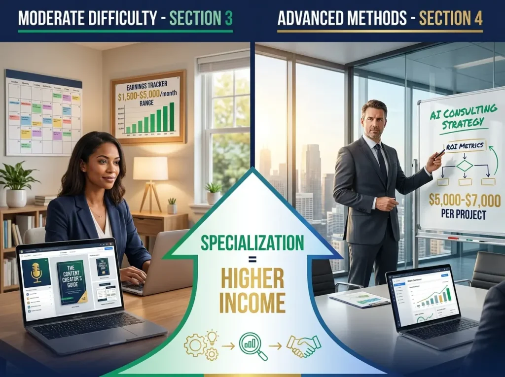 Progression illustration showing professional woman earning $1,500-$5,000/month with podcast, e-books, and digital products from home office transitioning to male AI consultant earning $5,000-$7,000/project from corporate office with client meeting and ROI dashboard
