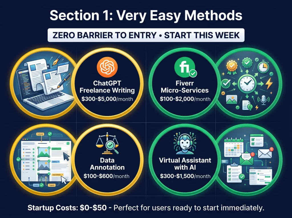 Grid showing 4 easy AI income methods with zero barrier to entry: ChatGPT freelance writing with official logo earning $300-$5,000/month, Fiverr micro-services earning $100-$2,000/month, data annotation earning $100-$600/month, and virtual assistant with AI earning $300-$1,500/month.