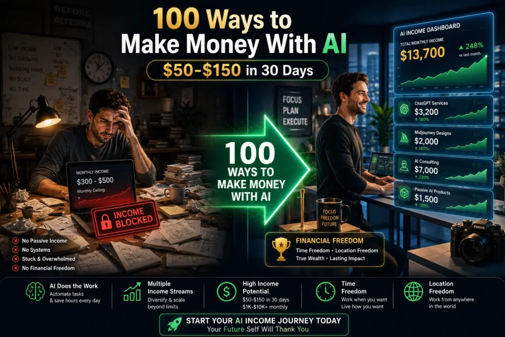 Timeline showing AI income landscape evolution from 2024-2026: 2024 showed easy ChatGPT freelancing at $200-300 rates, 2025 brought increased competition and rate compression to $50-100, and 2026 shifted to high-ticket AI consulting at $1,500-$7,000 per project for specialized professionals.