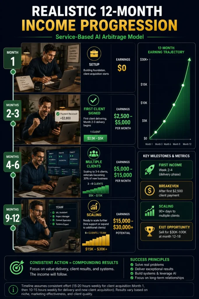 12-month AI arbitrage income progression timeline: Month 1 ($0, setup phase), Months 2-3 ($2,500-5,000 from first client), Months 4-6 ($5,000-15,000 with 3-6 clients), Months 9-12 ($15,000-30,000+ potential with scaling or team options), showing realistic earnings curve for service-based model.
